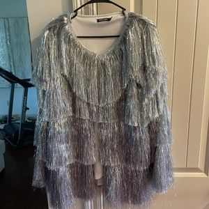 Nasty Gal Metallic Fringe Tiered Tinsel Jacket - Silver - Size 14/Large